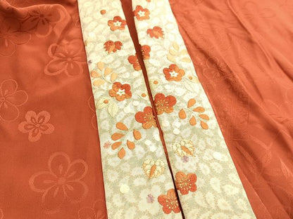 平和屋着物●振袖用長襦袢　無双仕立て　扇面花蝶地紋　丹色　半衿刺繍　正絹　逸品　BAAW7555hv