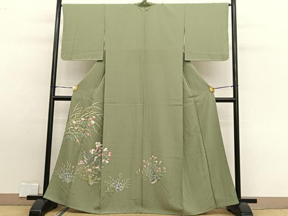 平和屋着物●訪問着　友禅　うずら草花文　　正絹　逸品　BAAW7604hv