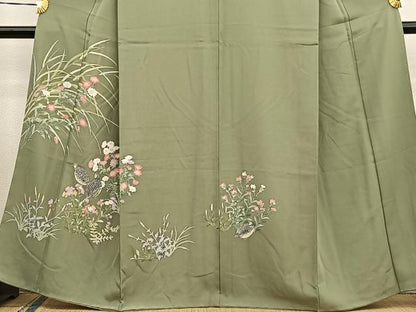 平和屋着物●訪問着　友禅　うずら草花文　　正絹　逸品　BAAW7604hv