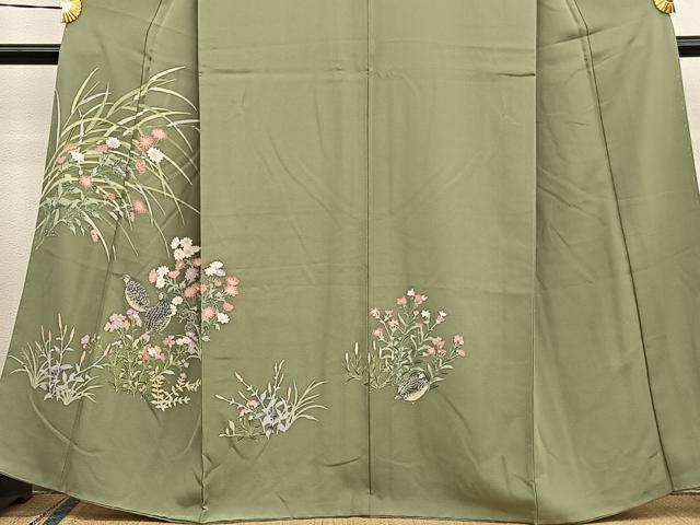 平和屋着物●訪問着　友禅　うずら草花文　　正絹　逸品　BAAW7604hv