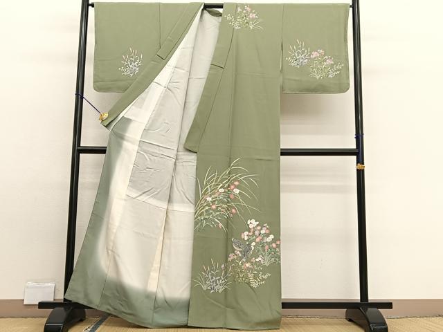 平和屋着物●訪問着　友禅　うずら草花文　　正絹　逸品　BAAW7604hv