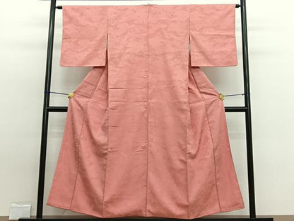 平和屋着物■上質な色無地　ふくれ織　地紙花地紋　珊瑚朱色　お召縮緬　正絹　逸品　BAAW7643hv
