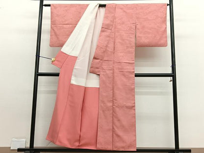 平和屋着物■上質な色無地　ふくれ織　地紙花地紋　珊瑚朱色　お召縮緬　正絹　逸品　BAAW7643hv