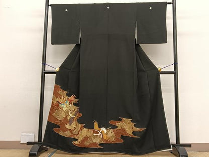 平和屋着物■豪華黒留袖　駒刺繍　松飛鶴文　金彩　正絹　逸品　BAAW7689hv