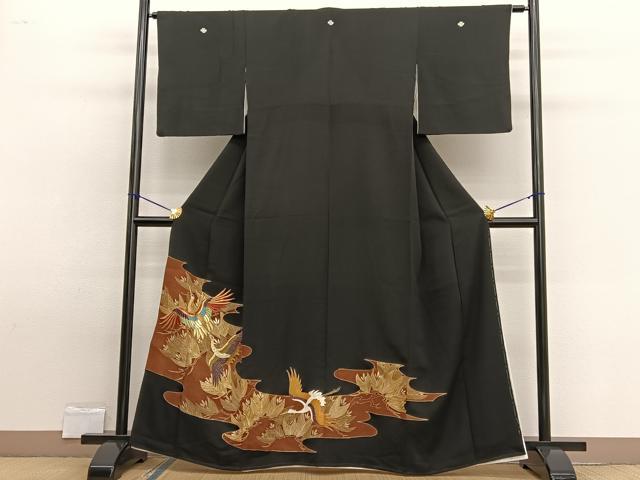 平和屋着物■豪華黒留袖　駒刺繍　松飛鶴文　金彩　正絹　逸品　BAAW7689hv