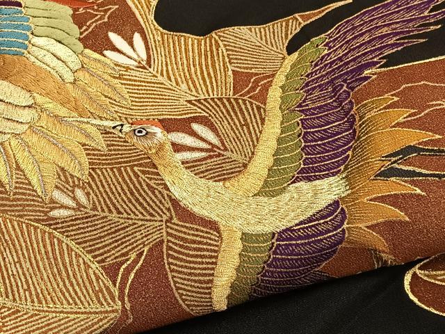 平和屋着物■豪華黒留袖　駒刺繍　松飛鶴文　金彩　正絹　逸品　BAAW7689hv