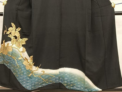 平和屋着物■豪華黒留袖　刺繍　桐花青海　暈し染め　金銀彩　正絹　逸品　BAAW7706hv