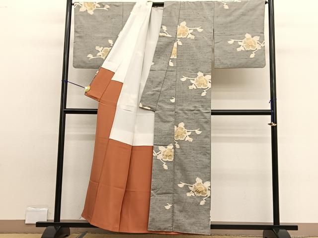 平和屋着物■上質な紬　椿　正絹　逸品　BAAW7716hv