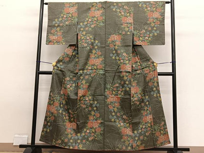 平和屋着物■上質なお召　草花文　正絹　逸品　BAAW7720hv