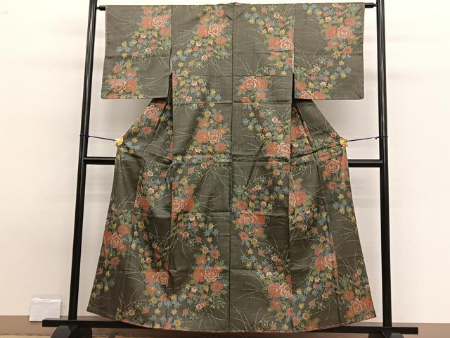 平和屋着物■上質なお召　草花文　正絹　逸品　BAAW7720hv