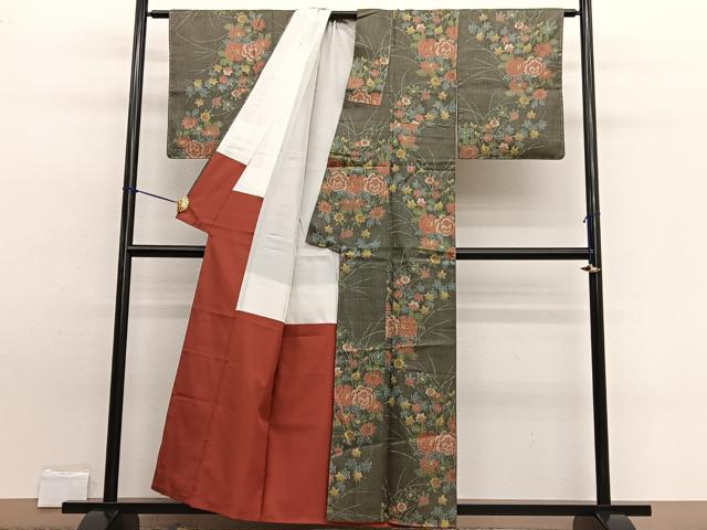 平和屋着物■上質なお召　草花文　正絹　逸品　BAAW7720hv