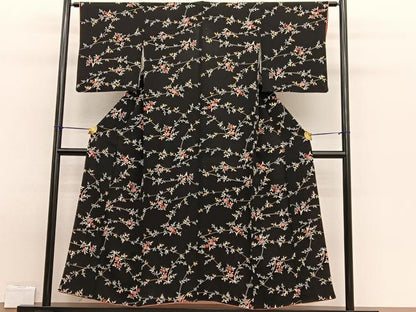 平和屋着物■上質な小紋　枝花文　黒地　正絹　逸品　BAAW7734hv