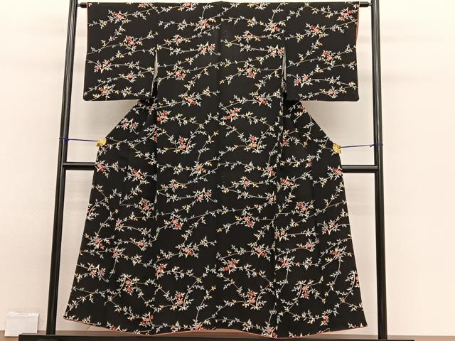 平和屋着物■上質な小紋　枝花文　黒地　正絹　逸品　BAAW7734hv