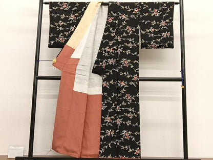 平和屋着物■上質な小紋　枝花文　黒地　正絹　逸品　BAAW7734hv