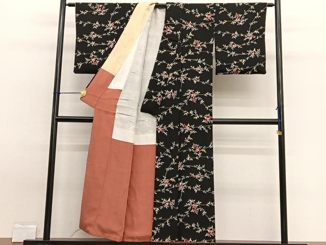 平和屋着物■上質な小紋　枝花文　黒地　正絹　逸品　BAAW7734hv