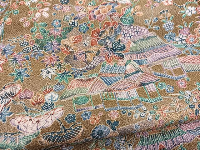 平和屋着物■上質な小紋　御所解花文　金彩　鬼しぼ縮緬　正絹　逸品　BAAW7743hv