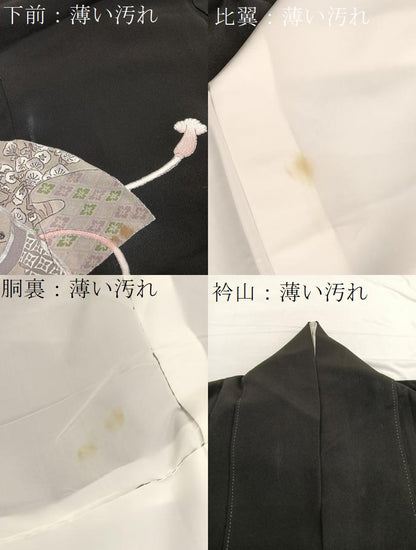 平和屋着物■豪華黒留袖 手描き 駒刺繍 扇面花絵皿文 銀彩 正絹 逸品 BAAW7817hv