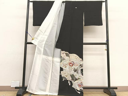 平和屋着物■豪華黒留袖 手描き 駒刺繍 扇面花絵皿文 銀彩 正絹 逸品 BAAW7817hv
