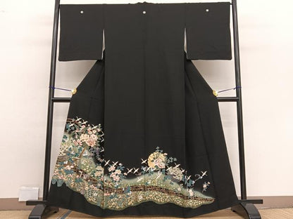 平和屋着物■豪華黒留袖 駒刺繍 花鳥文 暈し染め 金銀彩 正絹 逸品 BAAW7821hv