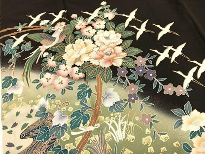 平和屋着物■豪華黒留袖 駒刺繍 花鳥文 暈し染め 金銀彩 正絹 逸品 BAAW7821hv