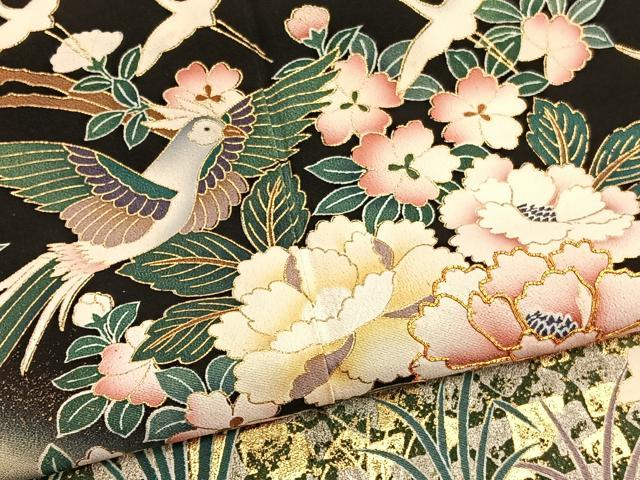 平和屋着物■豪華黒留袖 駒刺繍 花鳥文 暈し染め 金銀彩 正絹 逸品 BAAW7821hv