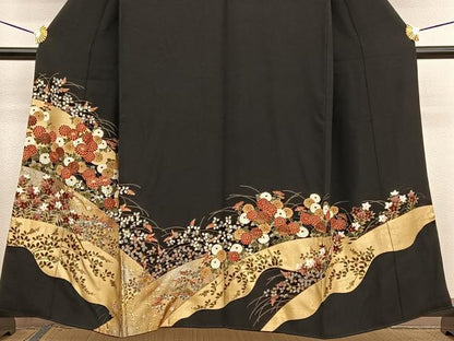 平和屋着物■豪華黒留袖 手描き 駒刺繍 草花文 金銀彩 正絹 逸品 BAAW7847hv
