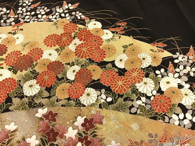 平和屋着物■豪華黒留袖 手描き 駒刺繍 草花文 金銀彩 正絹 逸品 BAAW7847hv
