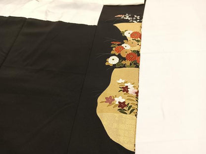 平和屋着物■豪華黒留袖 手描き 駒刺繍 草花文 金銀彩 正絹 逸品 BAAW7847hv