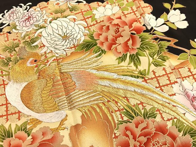 平和屋着物■豪華黒留袖 刺繍 尾長鳥花文 金彩 正絹 逸品 BAAW7891hv