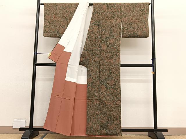 平和屋着物■上質な小紋 更紗花文 鬼しぼ縮緬 正絹 逸品 BAAW7902hv