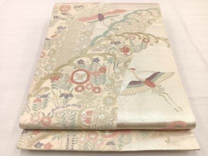 平和屋着物◎西陣　六通柄袋帯　唐織　立波飛鶴花文　金銀糸　正絹　逸品　BAAW7945hv