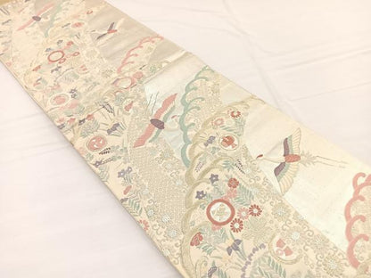平和屋着物◎西陣　六通柄袋帯　唐織　立波飛鶴花文　金銀糸　正絹　逸品　BAAW7945hv