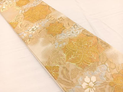 平和屋着物◎西陣　服部織物謹製　六通柄袋帯　唐織　白鳥緞子　飾花文　金銀糸　正絹　逸品　BAAW7951hv
