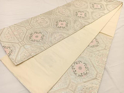 平和屋着物◎西陣　六通柄袋帯　唐織　菱天井鳳凰花文　銀糸　正絹　逸品　BAAW7957hv