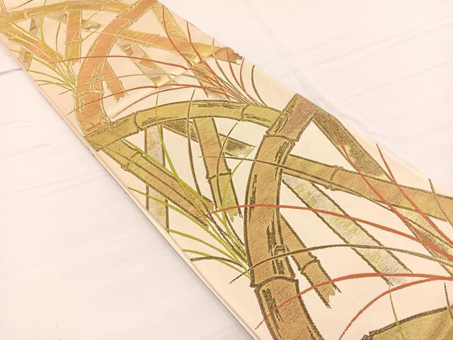 平和屋着物◎六通柄袋帯　唐織　竹草葉文　金糸　正絹　逸品　BAAW7958hv