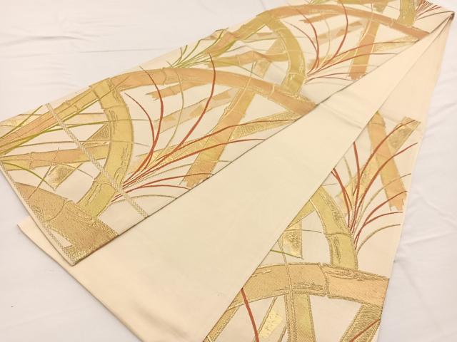 平和屋着物◎六通柄袋帯　唐織　竹草葉文　金糸　正絹　逸品　BAAW7958hv