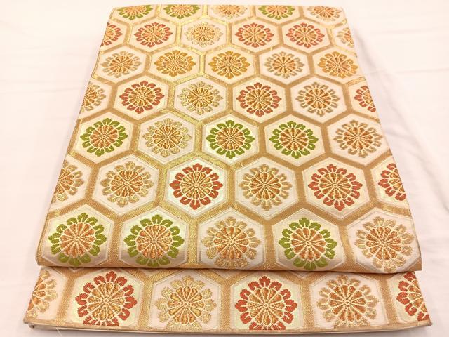 平和屋着物◎西陣　六通柄袋帯　亀甲花文　金糸　正絹　逸品　BAAW7963hv