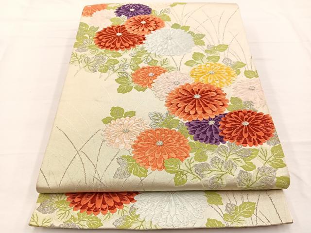 平和屋着物◎六通柄袋帯　唐織　菊　銀糸　正絹　逸品　BAAW7970hv