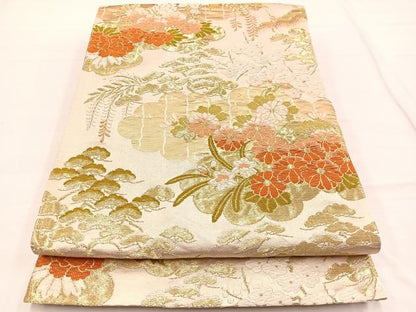 平和屋着物◎六通柄袋帯　唐織　雲取り花文　金糸　正絹　逸品　BAAW7979hv