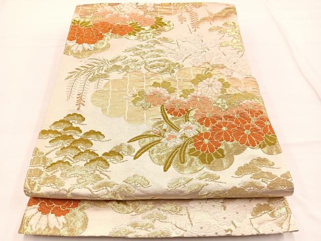平和屋着物◎六通柄袋帯　唐織　雲取り花文　金糸　正絹　逸品　BAAW7979hv
