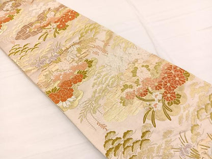 平和屋着物◎六通柄袋帯　唐織　雲取り花文　金糸　正絹　逸品　BAAW7979hv