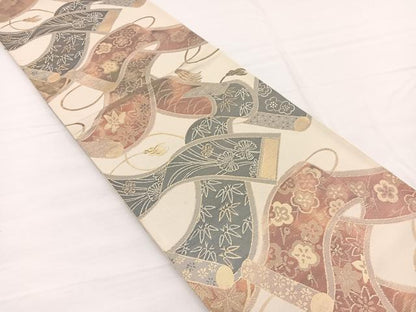 平和屋着物◎西陣　六通柄袋帯　花絵巻文　金糸　証紙付き　正絹　逸品　BAAW7991hv