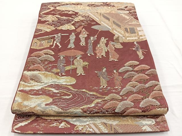 平和屋着物◎六通柄袋帯　唐織　人物風景文　金糸　正絹　逸品　BAAW7992hv