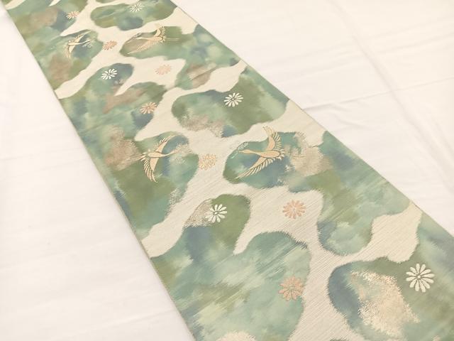 平和屋着物◎西陣　服部織物謹製　六通柄　京袋帯　こはく錦　花喰い鶴　金銀糸　正絹　逸品　BAAW7993hv