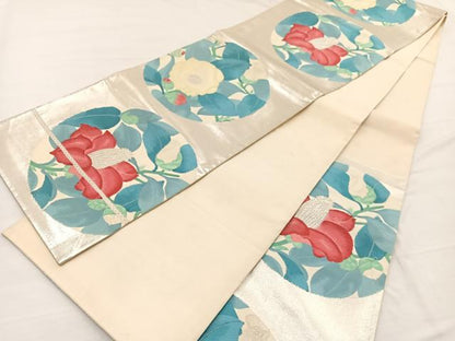 平和屋着物◎六通柄袋帯　唐織　花丸文　銀糸　正絹　逸品　BAAW7995hv