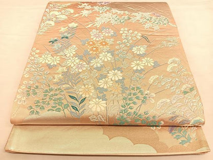 平和屋着物◎六通柄袋帯　唐織　雲取り草花文　銀糸　正絹　逸品　BAAW8005qw