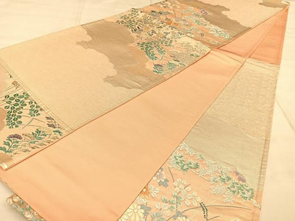 平和屋着物◎六通柄袋帯　唐織　雲取り草花文　銀糸　正絹　逸品　BAAW8005qw