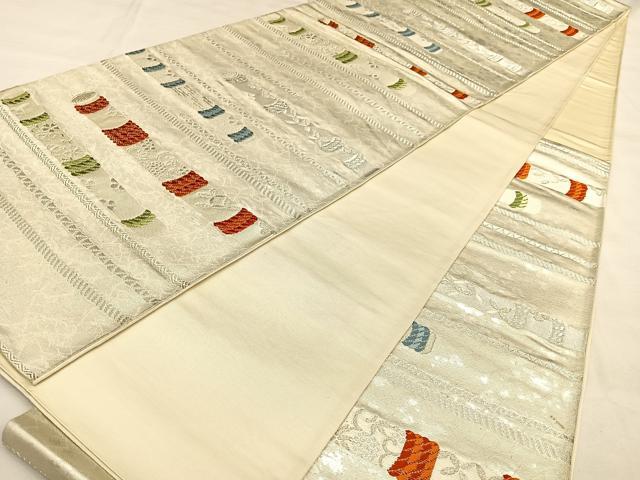 平和屋着物◎六通柄袋帯　唐織　楽器花文　銀糸　正絹　逸品　BAAW8014qw