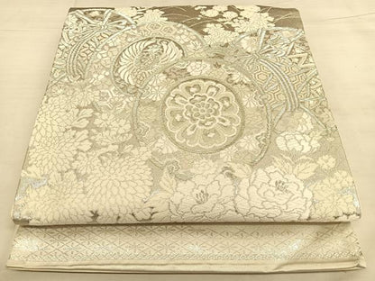 平和屋着物◎六通柄袋帯　唐織　美保姿　鼓花鳥文　銀糸　正絹　逸品　BAAW8018qw