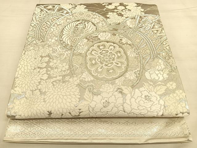 平和屋着物◎六通柄袋帯　唐織　美保姿　鼓花鳥文　銀糸　正絹　逸品　BAAW8018qw